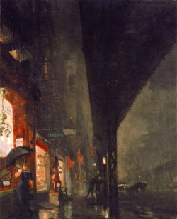 dappledwithshadow:  Wet Night on the Bowery, John Sloan 1911