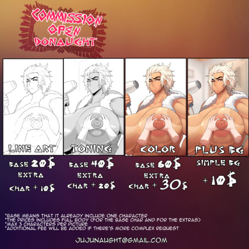 jujunaught:  COMMISSION OPEN   Contact me at jujunaught@gmail.comCommission rules UPDATED OPENING 5 SLOTS FOR NOW, EACH SLOTS UP TO 3 PICS CAN BE DONE. I WILL OPEN IT AGAIN AFTER I FINISH WITH THE SLOTSPRICES - Base line art 20$.  10$ per additional chara