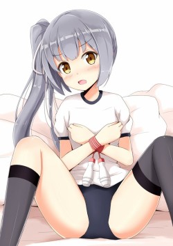 艦隊これくしょん、霞（艦これ）、aikawa ryou、高解像度、シャツ、ブルマー、ＢＤＳＭ、ボンデージ、ロングヘア、ポニーテール、ホワイトシャツ、サイハイソックス、ショートスリーブ、ニーハイソックス、サイドポニーテール、asymmetrical