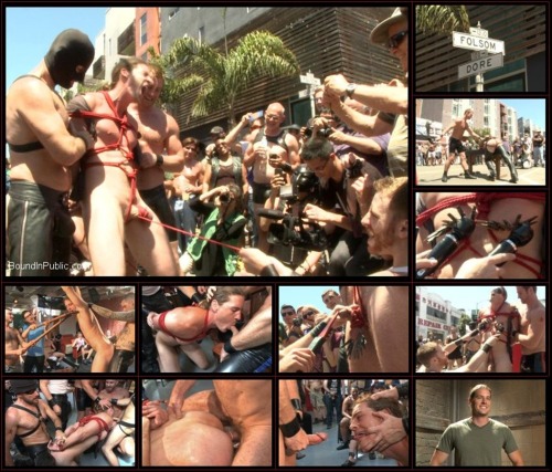 Bound hunk publicly tormented and gang fucked for his first Dore AlleyIt’s Dore Alley 2014 and the BIP crew is out in full-force for Up Your Alley. Our flogging session at the KinkMen booth draws a nice crowd so we pull Kip Johnson out of the crowd