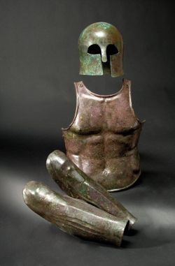 treasures-and-beauty:  Greek set of armour: a Corinthian helmet,