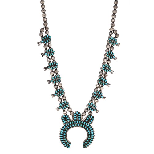 blondebrainpower:Zuni squash blossom necklace, sterling and turquoise,