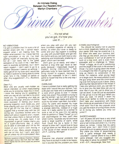 Genesis magazine, October 1977. Marilyn wrote a sex advice column every month called “Private Chambers.”