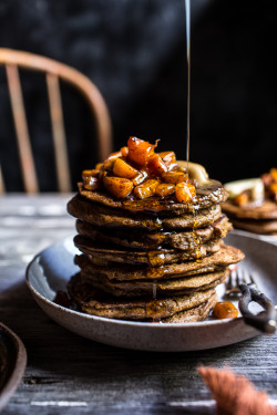 sweetoothgirl:  Spiced Almond Pancakes with Candied Butternut