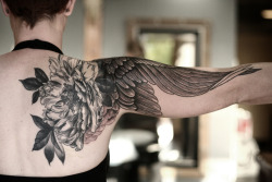 wonderlandtattoospdx:  Blackwork peony and wing, by Sean Wright