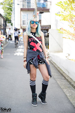 tokyo-fashion:  Medusa on the street in Harajuku with aqua hair,