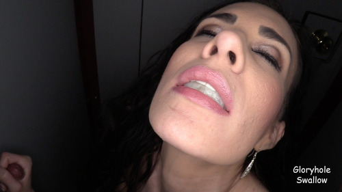 Beautiful but slutty MILF has a feast during her latest Gloryhole adventure.Â  She gobbled down many loads even a monster cumshot that she spit in her hand to show us the volume before swallowing it and licking her hands clean.Â  This cum hungry babe