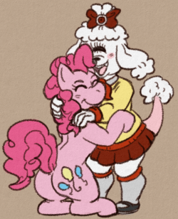 art trade with therainbowtroll! her cyclops poodle hugging pinkiepie