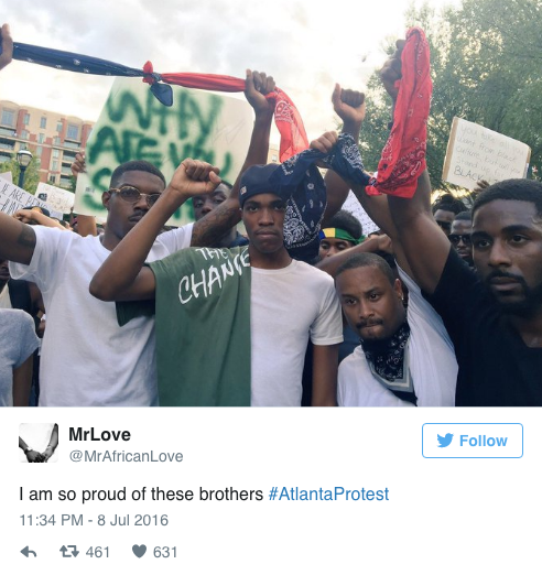 micdotcom:  Bloods and Crips stood together in solidarity during the Atlanta #BlackLivesMatter protests Incredible images from Friday night’s Black Lives Matter protest in Atlanta show members of the Crips and the Bloods — rival gangs with a history