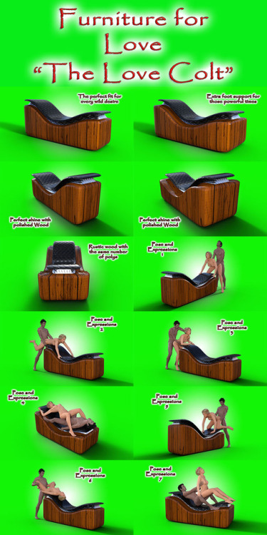 Explore your fantasies and make them come true for your characters, with furniture specially designed for love.  Make your renders look great with the photo realistic look of this marvelous furniture. Ready for your Genesis 3 Characters, Daz Studio 4.9