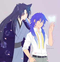 cosmic-artsu:Human shrine god Aoba and youkai familiar Ren *^*b-because