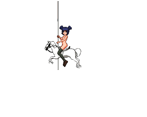Busty girl in thigh stockings fucking a dildo attached to a carousel horse.