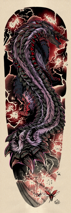 punsmythee:Stygian Zinogre in japanese sleeve tattoo style!The