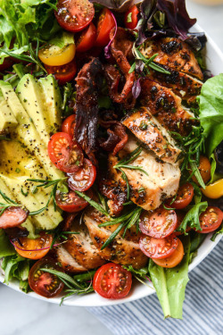 verticalfood:rosemary chicken, bacon and avocado salad.