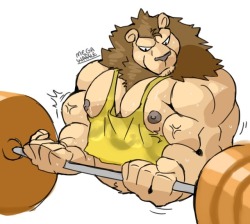 megawaffle:when i asked for ideas someone said i should draw him working out, so here’s more big kitty. he’s so sweaty.. 