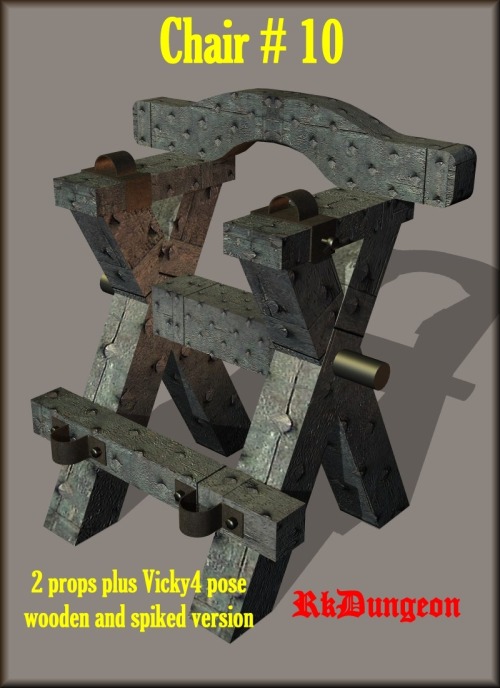 Kawecki has a brand new chair and pose for ya! Stand up! Sit Down! Do what you gotta do, but make sure V4 is happy! You get two chair Poser props (wooden and spiked) with a Victoria 4 pose. You can use this in Daz Studio 4  and Poser 6  AND if you can