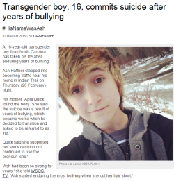 uglicute:Transgender boy, 16, commits suicide after years of