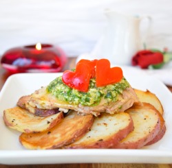 in-my-mouth:  Chicken with Pesto and Red Potato Medallions is