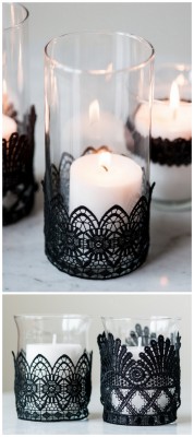 halloweencrafts:  DIY Black Lace Candle Holder Tutorial from