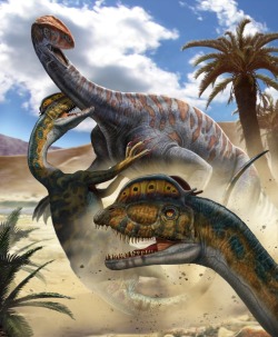 paleoillustration:  Dilophosaurus attack, by Franco Tempesta