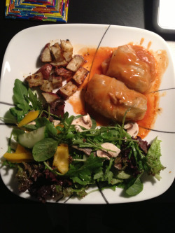 mowchownomnomnom:  Dinner! Cabbage rolls, potatoes and salad
