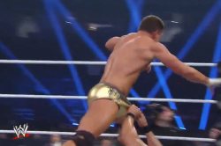 rwfan11:  Cody Rhodes- front of trunks yanked by Del Rio  Del