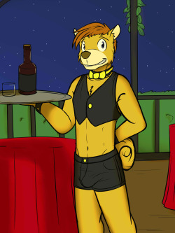 Felix being a server at a patio party.