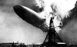 The Zeppelin LZ 129 Hindenburg catching fire on May 6, 1937 at