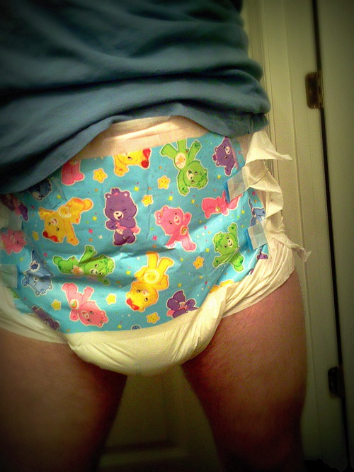 thickndry:  One of the diapers I custom made (the print was a little too low, though). Old version Dry 24/7 with Care Bear print! 