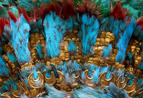 ufansius:  Aztec headdress made with the feathers of the resplendent quetzal, lovely cotinga, roseate spoonbill, and squirrel cuckoo (bottom 4 photos, clockwise from upper left) with gold ornamentation. 