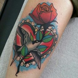 tattoosnob:  Swallow, Heart, & Rose tattoo by @jamieleeknott