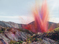  thousands of flower petals covering a town, blasted from a neighboring