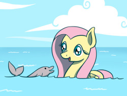 flutterluv: Fluttershy with a baby dolphin. Inspired by this