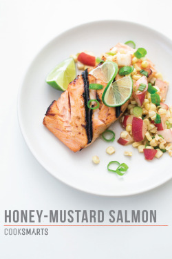 foodffs:  HONEY-MUSTARD SALMON WITH CORN & PEACH SALSA +