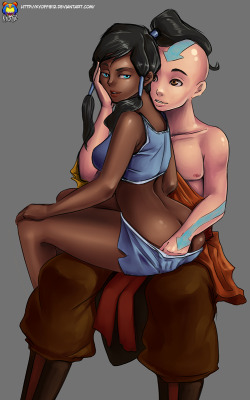 cdb2k3:  Camp Woody: Dat KorrAang Commissioned Artwork done by: Kyoffie12 _____________________  A steamy little pinup with Korra and Aang. I have these two and several of the Avatar-verse crew existing, working, and as shown above “mingling” together