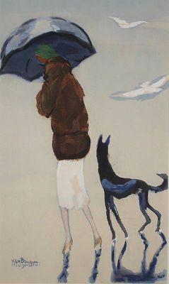 art-centric:  Woman with a dog walking on the beach, 1937 Kees