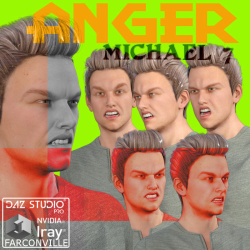 Who’s Angry?? Mchael 7 is! And now you can show it with farconville’s new Anger expressions! Special  facial expressions meticulously made for the manly Michael 7, ready to  be used with this character in DAZ Studio 4 or greater. Also this product