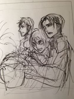 elektrisk-shock:  Another sketch of Levi, Isabel and Farlan by