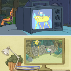 Can you name the 2 characters who were watching Adventure Time?