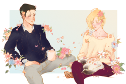 thacmis:  Otabek Altin, Yuri Plisetsky, cat, and flowers - commissioned