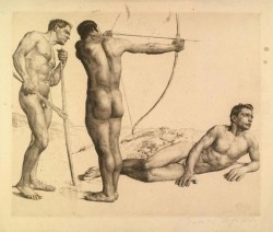 Erich Wolfsfeld (1884-1956) Three male nudes, archers, etching,