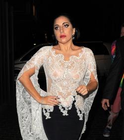 celebritynippleslips:  Lady Gaga wears see-through white blouse