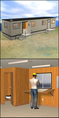 A  17-piece (PP2) prop set replicating a modern construction trailer  setting complete with enough equipment pieces to set up an on-site  construction trailer scene. Ready for Poser 5 and up! Check the link for all the details and images! Construction