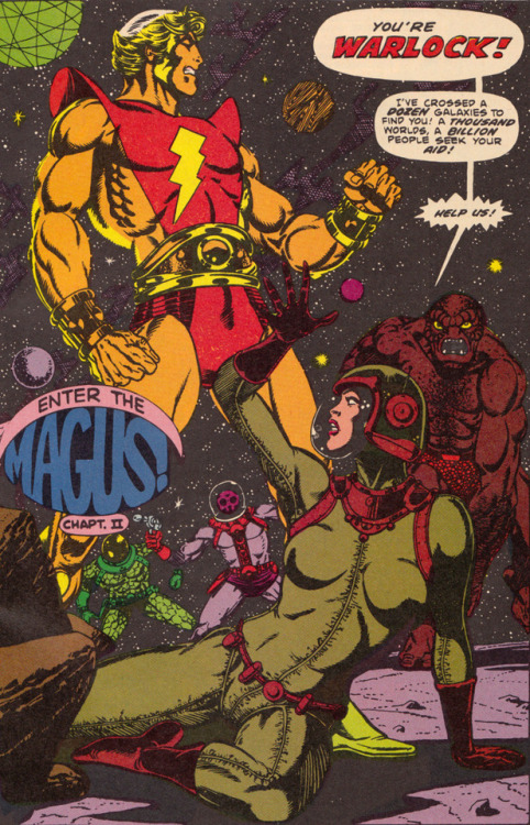 Splash page from Warlock No.1 (Marvel Comics, 1982). Art by Jim Starlin.From Oxfam in Nottingham.