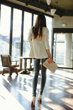 justthedesign:  Faded Jeans Cream Jacket Louboutin Shoes