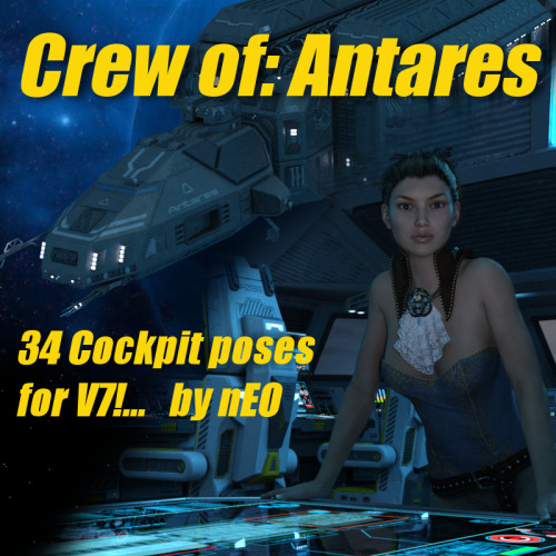  The Antares is a newer release by DAZ Original/ petipet of a space fairing ship. The model is quite well done and includes four interior models and a model of the Exterior of the ship. These 34 Poses are specific to the ‘Sci-fi Cockpit’ inter