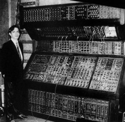 atomic-flash:  Hans Zimmer and his Moog synthesizer, 1970. (image