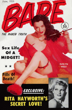 Evelyn West graces the cover of the June ‘55 issue of ‘BARE’ magazine; a popular 50’s-era Men’s Pocket Digest..