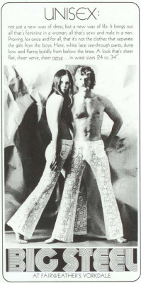 shewhoworshipscarlin:  Unisex jeans, 1970s.