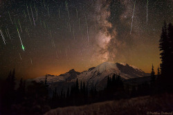 just–space: Meteors and Milky Way over Mount Ranier  : Despite